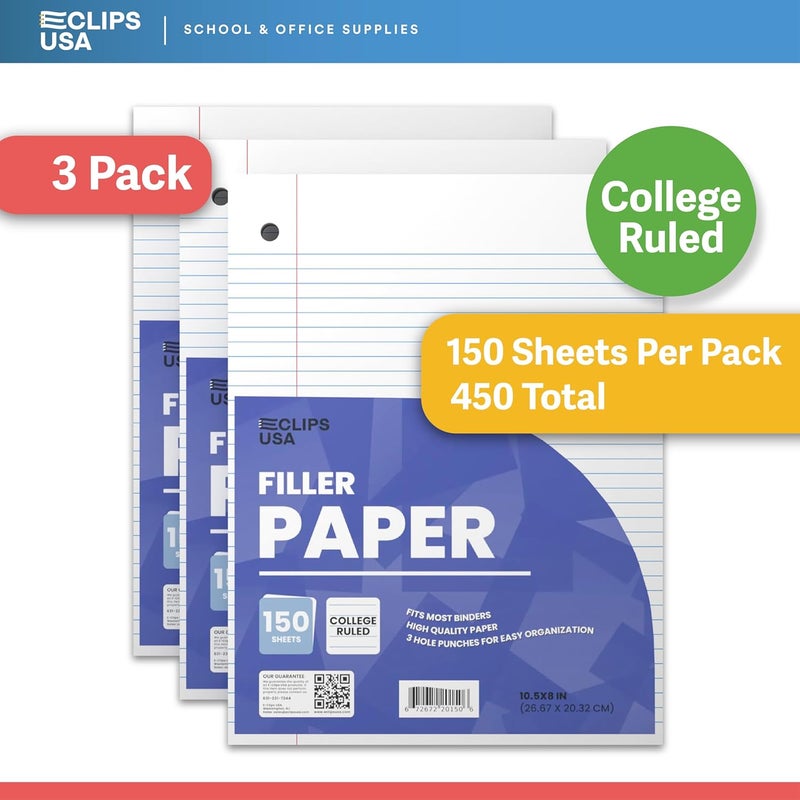 VEEBOOST Graph Paper Loose Leaf Paper College Ruled Notebook Paper College Ruled Lined Writing Filler Paper 10.5” x 8” 450 Sheets 150 Sheets Per Pack 60 gsm (3 Pack) - Image 2